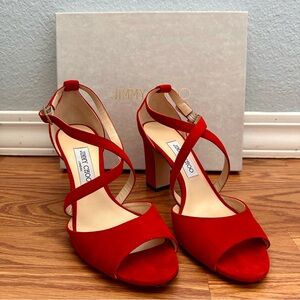 Jimmy Choo- Carrie 85 Red Suede Crisscross High-Heel sandals. Size 40. Used once